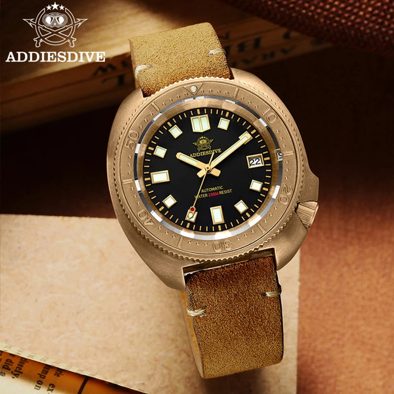ADDIESDIVE Cusn8 Bronze Watch For Men Mechanical NH35A Sapphire Glass Calendar 200m Waterproof C3 Luminous Automatic Wristwatch