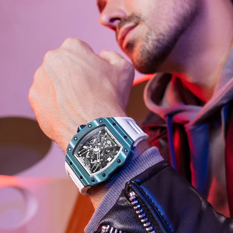 BONEST GATTI Brand 9906 Watch Carbon Fiber Men Fashion Light Luxury Through Hollow Dial Rubber Strap Automatic Mechanical Watch