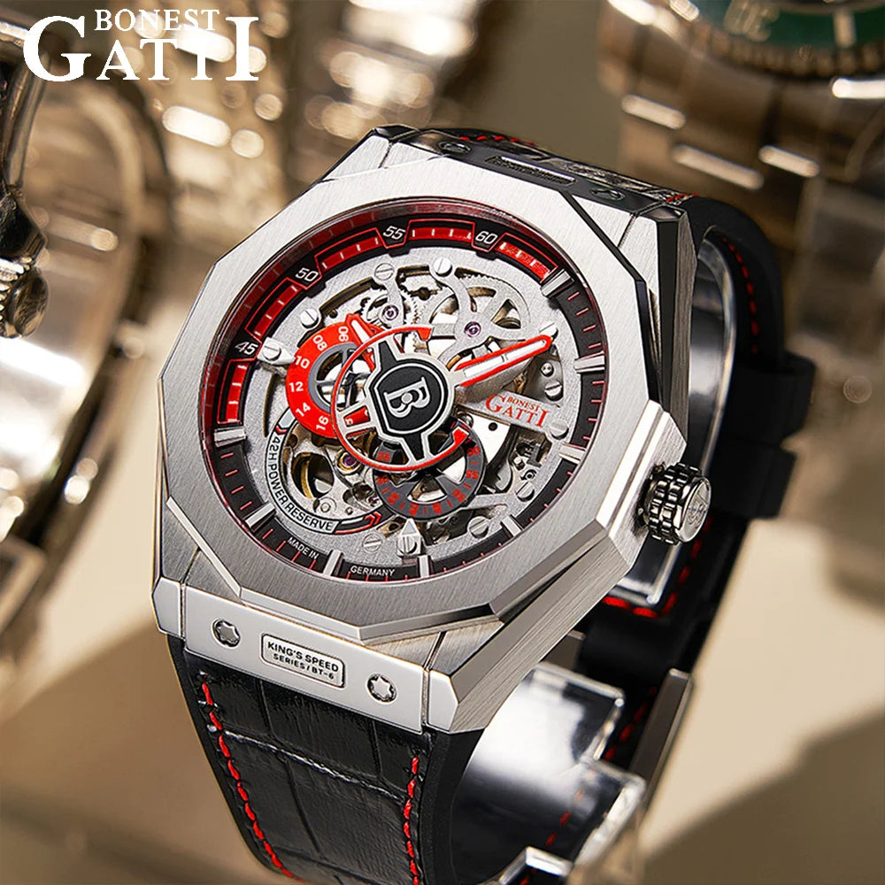 BONEST GATTI Men's Luxury Automatic Mechanical Watch Racing Skeleton Dial Sapphire Luminous Hand Leather Strap 5ATM German Craft