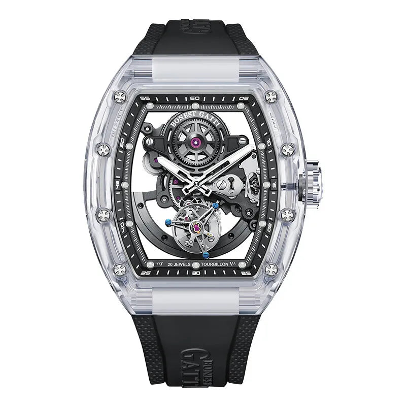 BONEST GATTI Men Tourbillon Watch 45mm Tonneau Automatic Mechanical Wristwatch Acrylic Case Luminous Skeleton Dial