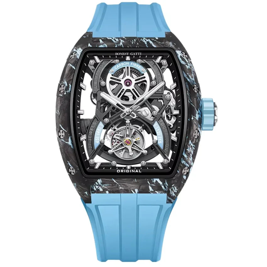 BONEST GATTI Men Tourbillon Watch 52mm Tonneau Automatic Mechanical Wristwatch Carbon Fiber Luminous Case Skeleton Dial Sapphire