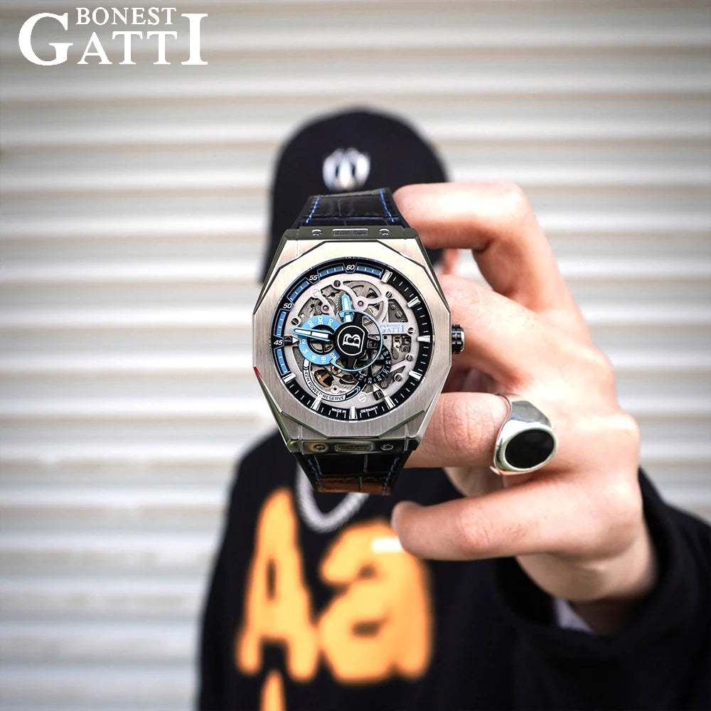 BONEST GATTI Men's Luxury Automatic Mechanical Watch Racing Skeleton Dial Sapphire Luminous Hand Leather Strap 5ATM German Craft