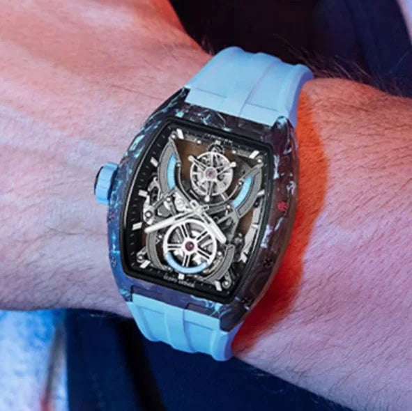 BONEST GATTI Men Tourbillon Watch 52mm Tonneau Automatic Mechanical Wristwatch Carbon Fiber Luminous Case Skeleton Dial Sapphire
